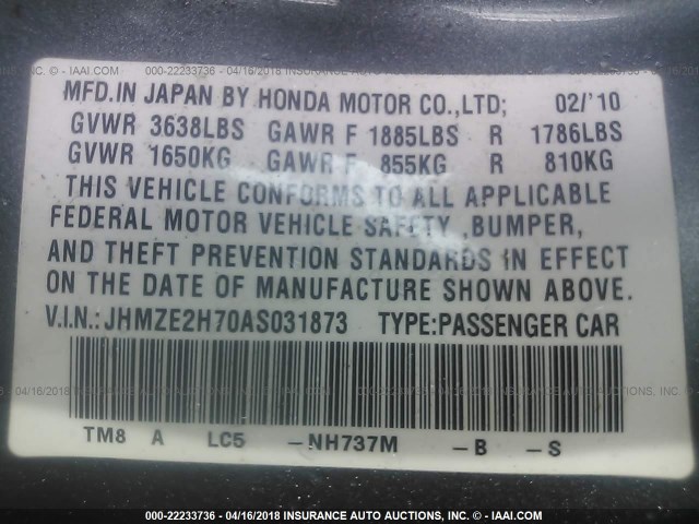 JHMZE2H70AS031873 - 2010 HONDA INSIGHT EX GRAY photo 9