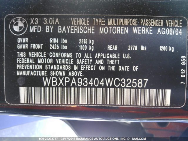 WBXPA93404WC32587 - 2004 BMW X3 3.0I BLACK photo 9