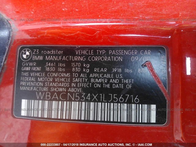 WBACN534X1LJ56716 - 2001 BMW Z3 3.0 RED photo 9