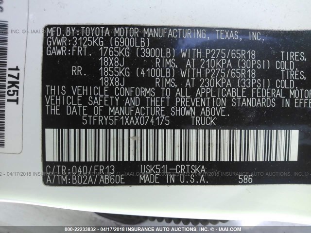 5TFRY5F1XAX074175 - 2010 TOYOTA TUNDRA DOUBLE CAB SR5 WHITE photo 9