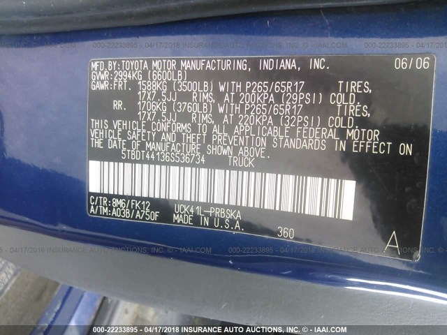 5TBDT44136S536734 - 2006 TOYOTA TUNDRA DOUBLE CAB SR5 BLUE photo 9