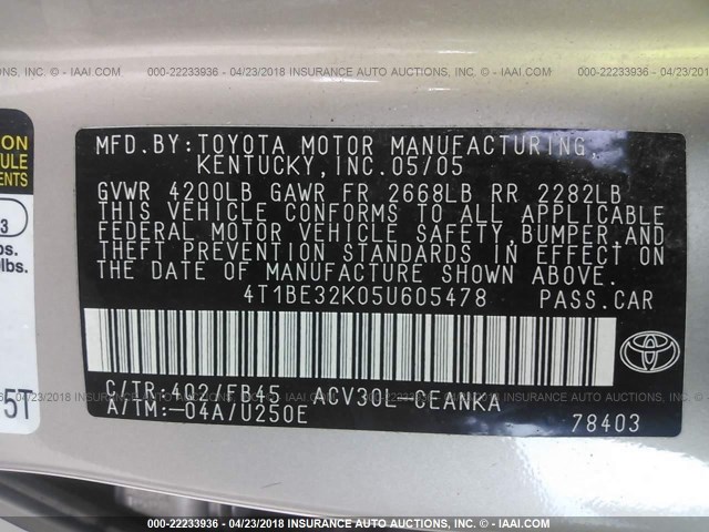 4T1BE32K05U605478 - 2005 TOYOTA CAMRY LE/XLE/SE ოქროსფერი ფოტო 9