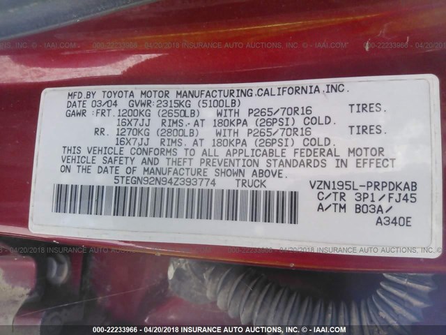 5TEGN92N94Z393774 - 2004 TOYOTA TACOMA DOUBLE CAB PRERUNNER MAROON photo 9