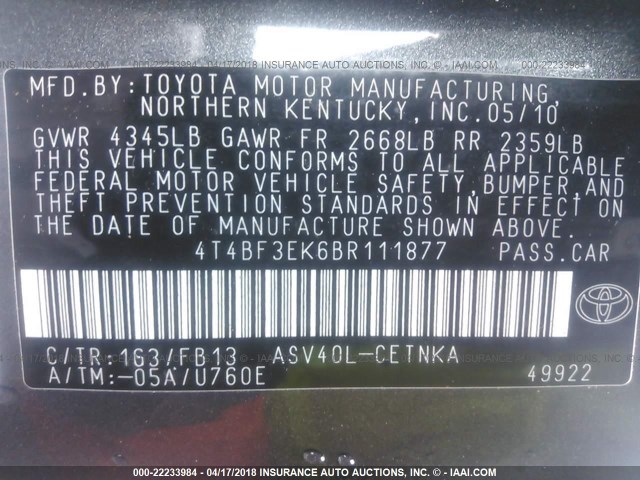 4T4BF3EK6BR111877 - 2011 TOYOTA CAMRY SE/LE/XLE GRAY photo 9