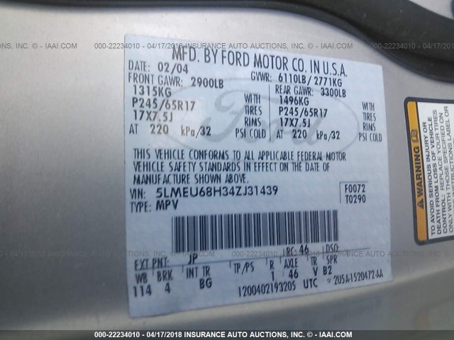 5LMEU68H34ZJ31439 - 2004 LINCOLN AVIATOR Gümüş foto 9