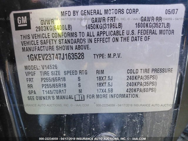 1GKEV23747J163528 - 2007 GMC ACADIA SLT-1 Blau Foto 9