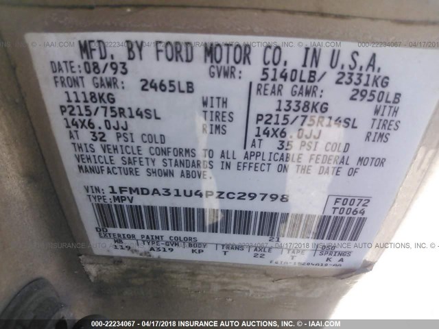 1FMDA31U4PZC29798 - 1993 FORD AEROSTAR BROWN photo 9