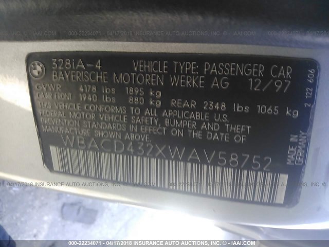 WBACD432XWAV58752 - 1998 BMW 328 I AUTOMATIC SILVER photo 9