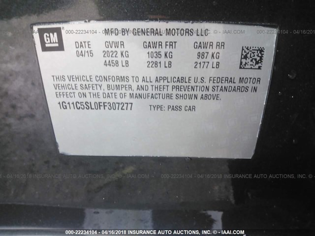 1G11C5SL0FF307277 - 2015 CHEVROLET MALIBU 1LT 灰色 照片 9