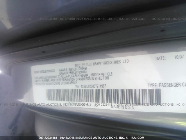 4S3BL626887214967 - 2008 SUBARU LEGACY 2.5I LIMITED GRAY photo 9