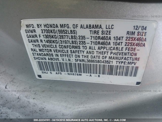 5FNRL38865B043521 - 2005 HONDA ODYSSEY TOURING SILVER photo 9