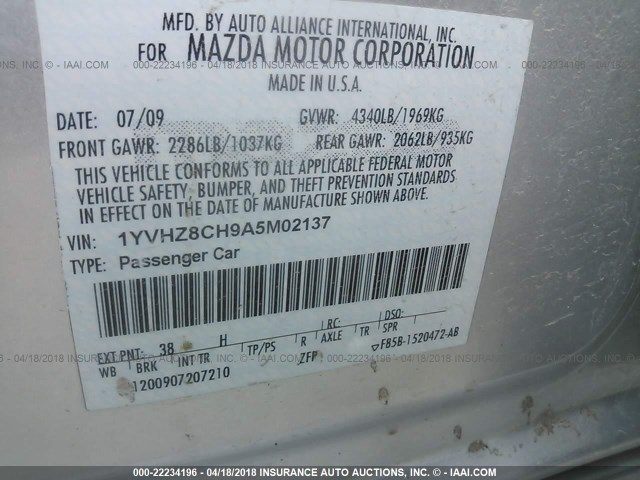 1YVHZ8CH9A5M02137 - 2010 MAZDA 6 I SILVER photo 9