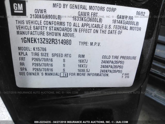 1GNEK13Z92R314980 - 2002 CHEVROLET TAHOE K1500 BLACK photo 9