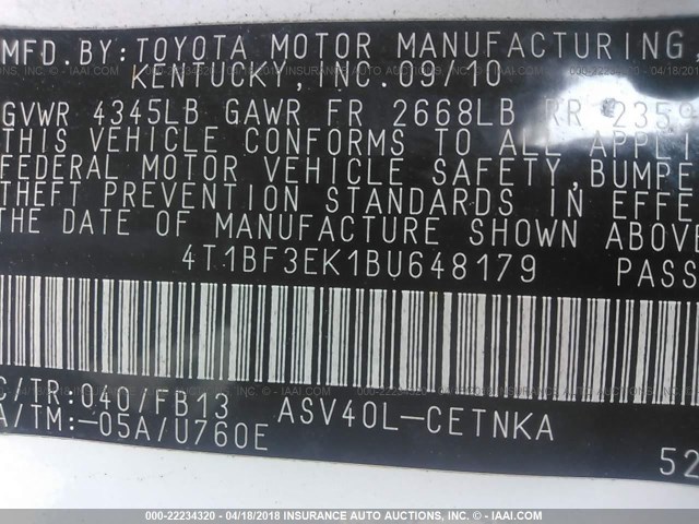 4T1BF3EK1BU648179 - 2011 TOYOTA CAMRY SE/LE/XLE WHITE photo 9