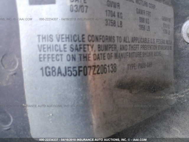 1G8AJ55F07Z206138 - 2007 SATURN ION LEVEL 2 SILVER photo 9