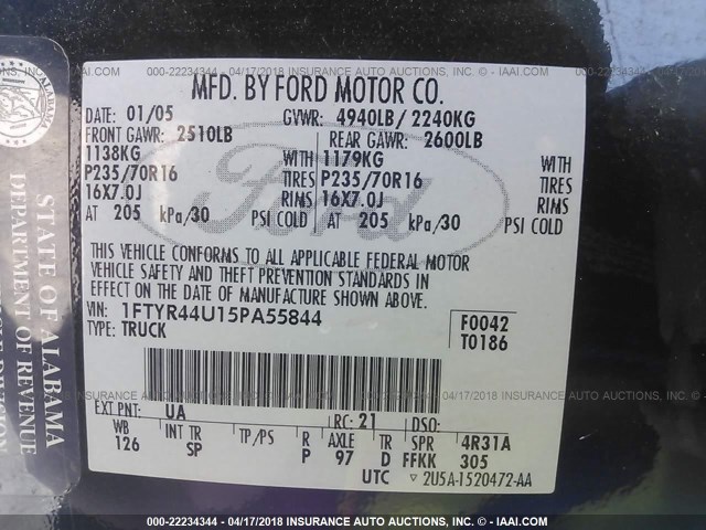 1FTYR44U15PA55844 - 2005 FORD RANGER SUPER CAB BLACK photo 9