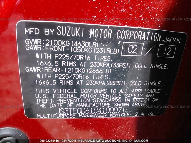 JS3TE0D61C4100071 - 2012 SUZUKI GRAND VITARA PREMIUM RED photo 9