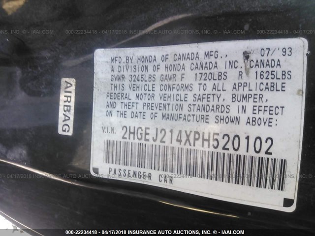 2HGEJ214XPH520102 - 1993 HONDA CIVIC DX BLACK photo 9