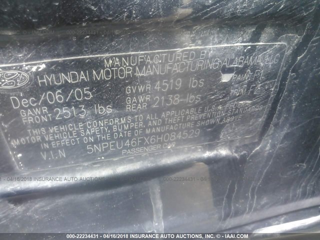 5NPEU46FX6H084529 - 2006 HYUNDAI SONATA GLS/LX BLACK photo 9