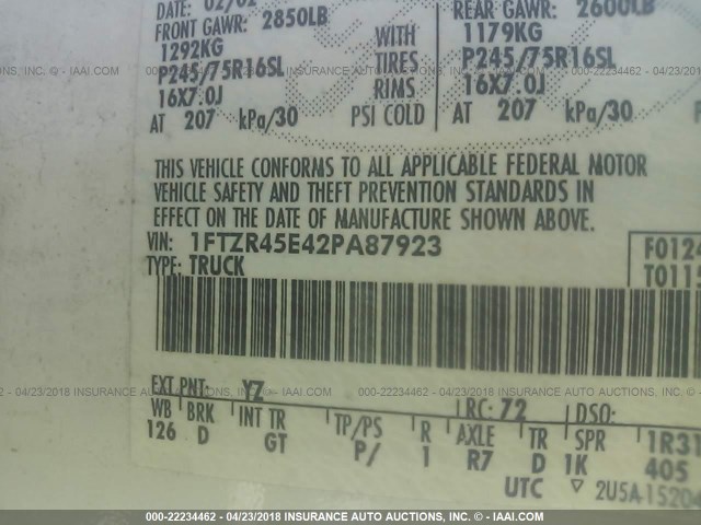 1FTZR45E42PA87923 - 2002 FORD RANGER SUPER CAB WHITE photo 9