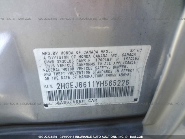 2HGEJ6611YH565226 - 2000 HONDA CIVIC SE GRAY photo 9