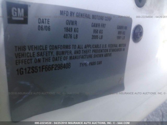 1G1ZS51F66F298408 - 2006 CHEVROLET MALIBU LS თეთრი ფოტო 9