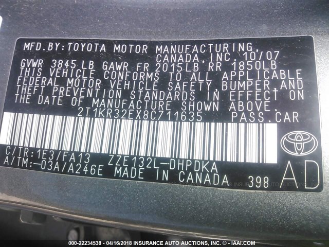 2T1KR32EX8C711635 - 2008 TOYOTA COROLLA MATRIX XR GRAY photo 9