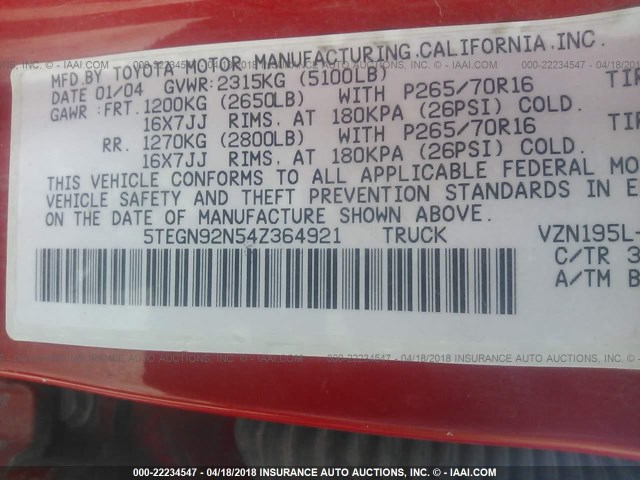 5TEGN92N54Z364921 - 2004 TOYOTA TACOMA DOUBLE CAB PRERUNNER RED photo 9