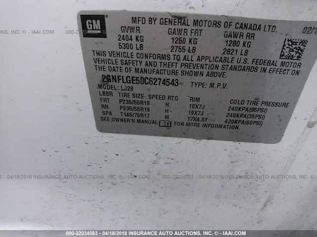 2GNFLGE50C6274543 - 2012 CHEVROLET EQUINOX LTZ WHITE photo 9