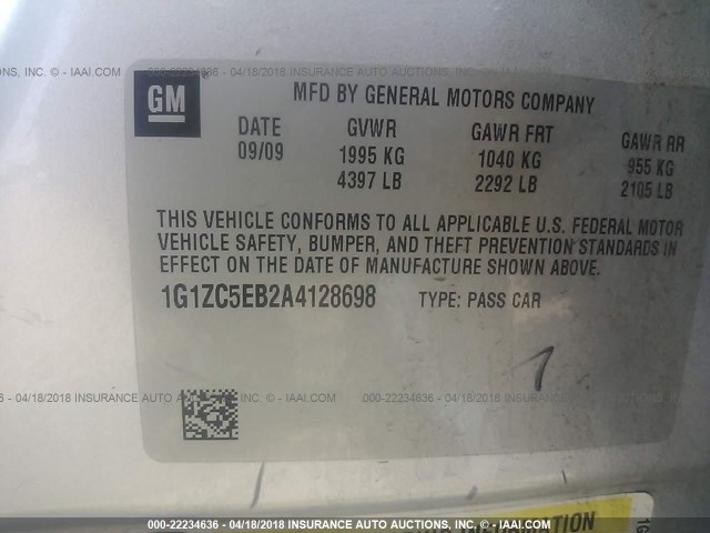 1G1ZC5EB2A4128698 - 2010 CHEVROLET MALIBU 1LT SILVER photo 9