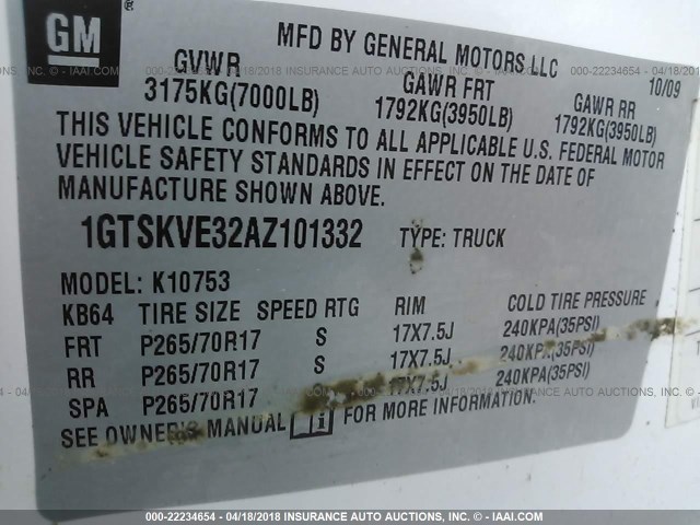 1GTSKVE32AZ101332 - 2010 GMC SIERRA K1500 SLE WHITE photo 9