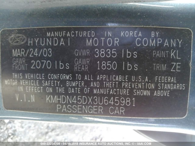 KMHDN45DX3U645981 - 2003 HYUNDAI ELANTRA GLS/GT GREEN photo 9