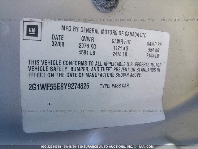 2G1WF55E8Y9274826 - 2000 CHEVROLET IMPALA SILVER photo 9