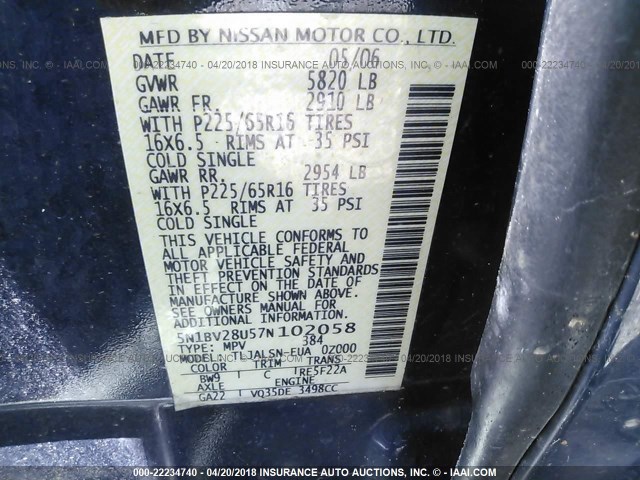 5N1BV28U57N102058 - 2007 NISSAN QUEST S/SE/SL Dark Blue photo 9