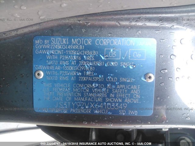 JS3TY92VX64103349 - 2006 SUZUKI XL7 GRAY photo 9