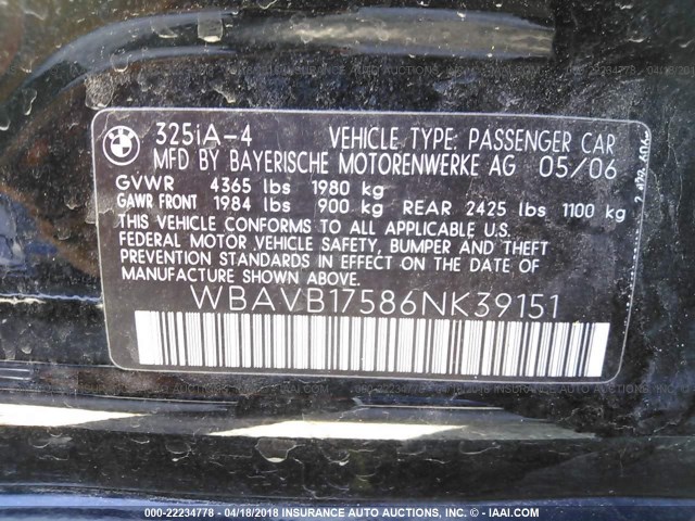 WBAVB17586NK39151 - 2006 BMW 325 I AUTOMATIC BLACK photo 9