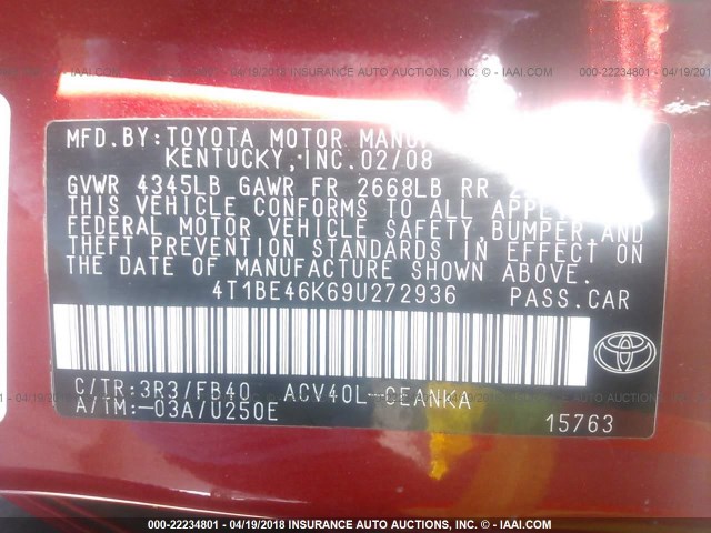 4T1BE46K69U272936 - 2009 TOYOTA CAMRY SE/LE/XLE RED photo 9