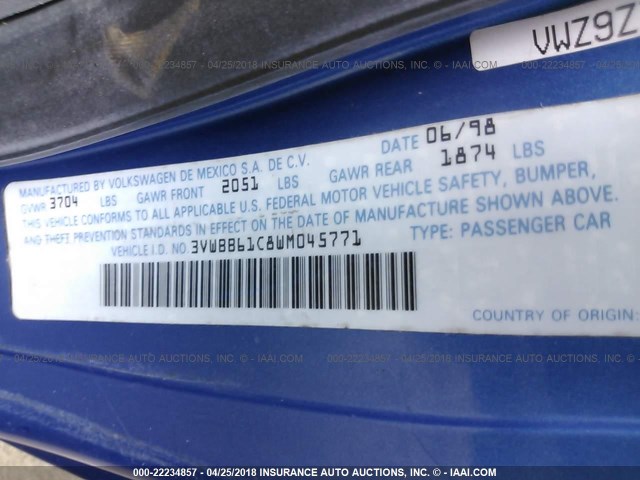 3VWBB61C8WM045771 - 1998 VOLKSWAGEN NEW BEETLE 蓝色 照片 9