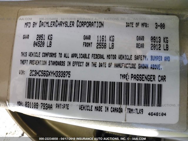 2C3HC56GXYH333975 - 2000 CHRYSLER LHS TAN photo 9