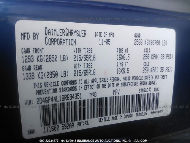 2D4GP44L16R694351 - 2006 DODGE GRAND CARAVAN SXT BLUE photo 9