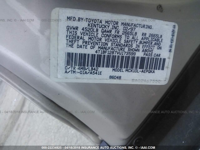 4T1BF12B7VU173599 - 1997 TOYOTA AVALON XL/XLS TAN photo 9