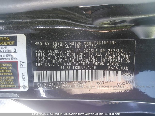 4T1BF1FK8EU761019 - 2014 TOYOTA CAMRY L/SE/LE/XLE 黑色 照片 9