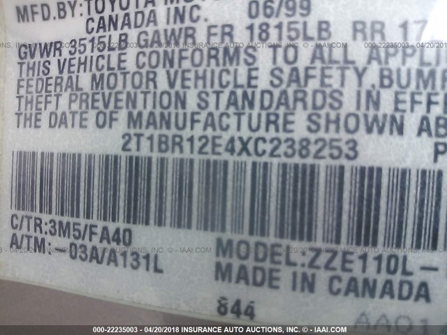 2T1BR12E4XC238253 - 1999 TOYOTA COROLLA VE/CE/LE 棕色 照片 9