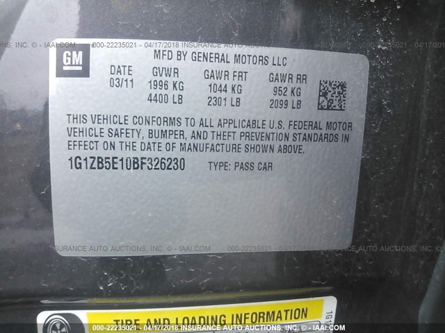 1G1ZB5E10BF326230 - 2011 CHEVROLET MALIBU LS 灰色 照片 9