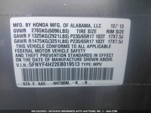 5FNYF4H22EB019513 - 2014 HONDA PILOT LX SILVER photo 9