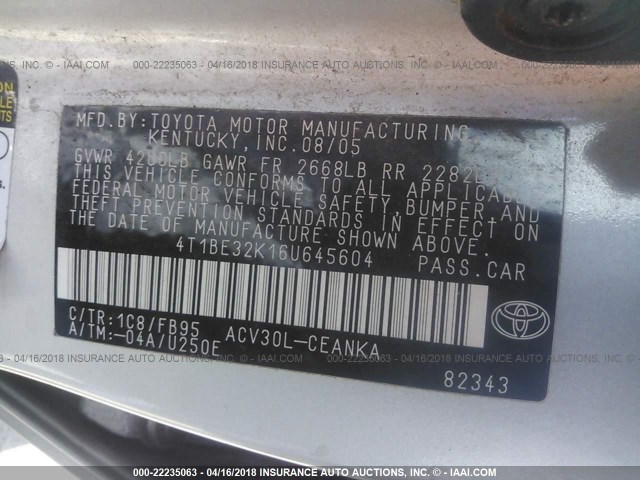 4T1BE32K16U645604 - 2006 TOYOTA CAMRY LE/XLE/SE ვერცხლისფერი ფოტო 9