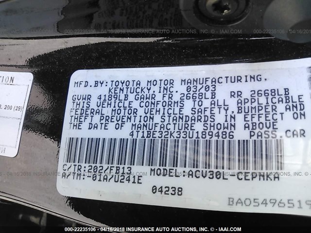 4T1BE32K33U189486 - 2003 TOYOTA CAMRY LE/XLE/SE BLACK photo 9