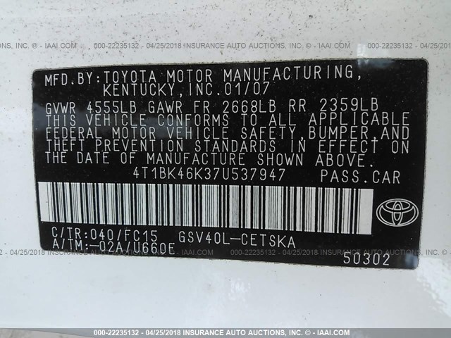 4T1BK46K37U537947 - 2007 TOYOTA CAMRY NEW GENERAT LE/XLE/SE WHITE photo 9