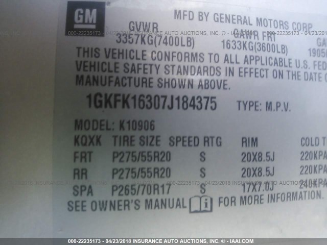 1GKFK16307J184375 - 2007 GMC YUKON XL K1500 SILVER photo 9