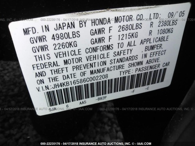 JH4KB16586C002208 - 2006 ACURA RL შავი ფოტო 9